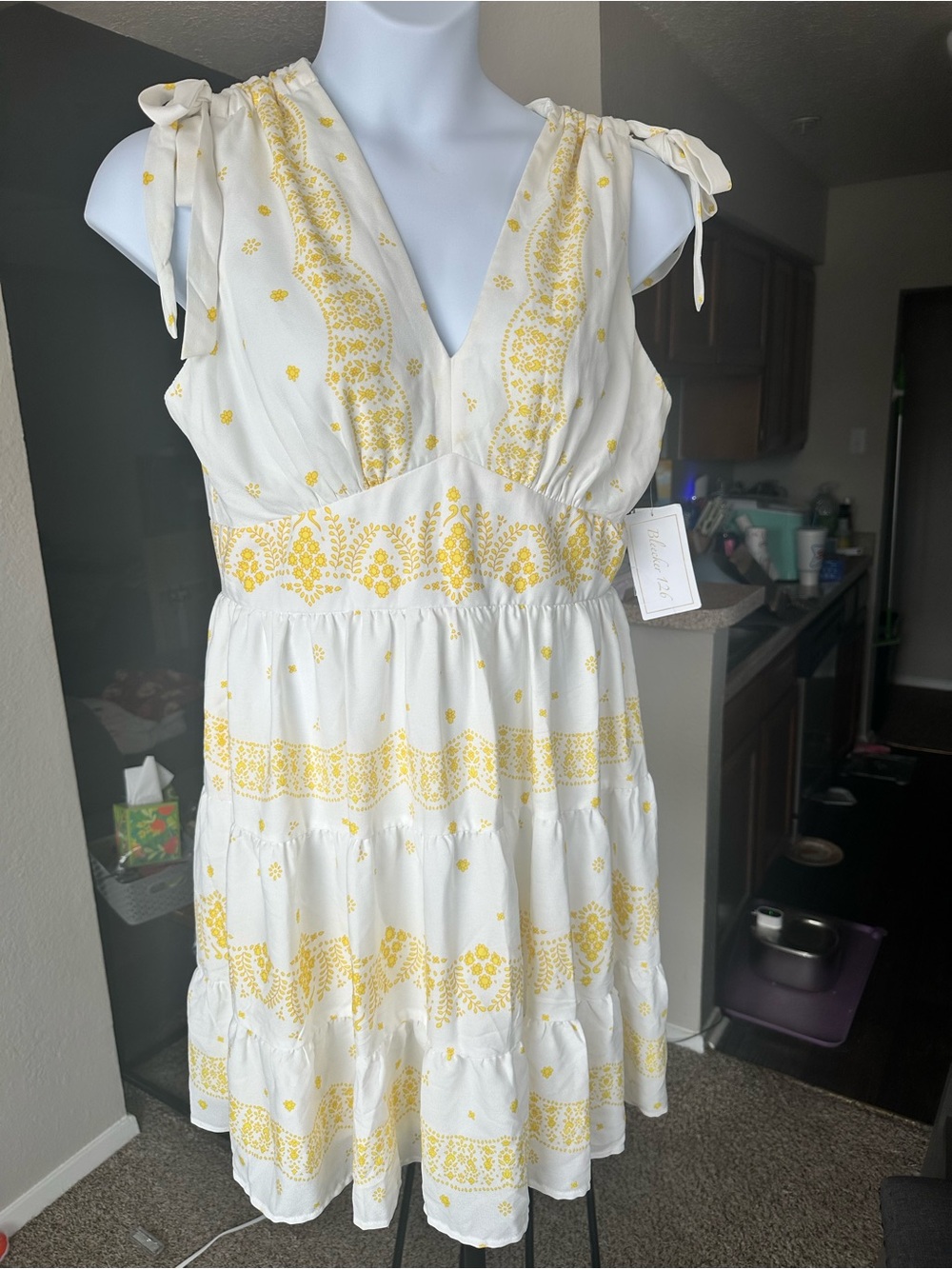 Summer Tie-Shoulder Midi Dress in White & Yellow